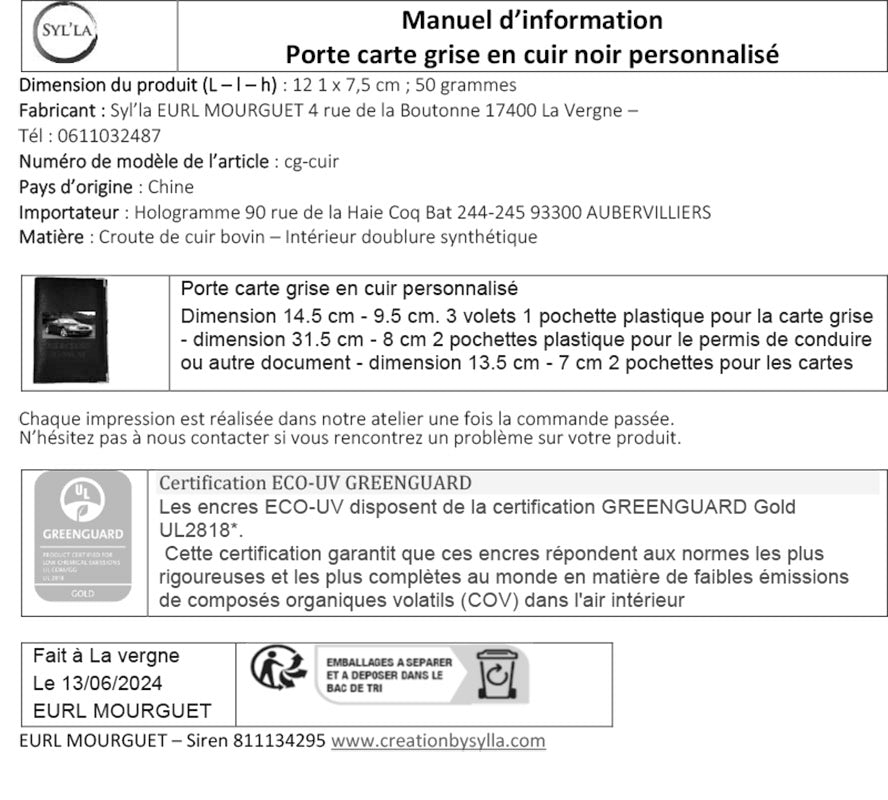 Porte Carte Grise Papier Voiture en Cuir avec Plaque d'Immatriculation