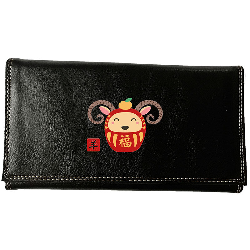 Compagnon Tout-en-Un Porte Chéquier en Simili Cuir avec Signe Chinois Daruma