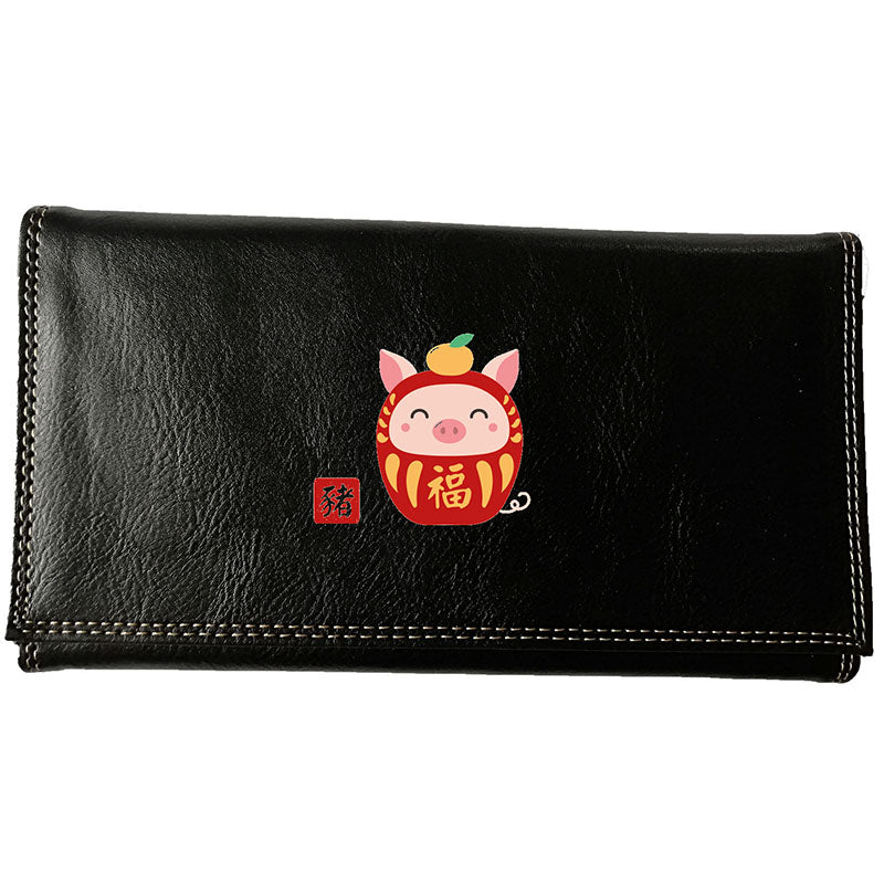 Compagnon Tout-en-Un Porte Chéquier en Simili Cuir avec Signe Chinois Daruma