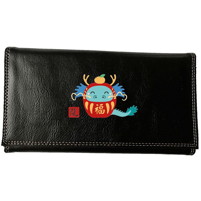 Compagnon Tout-en-Un Porte Chéquier en Simili Cuir avec Signe Chinois Daruma