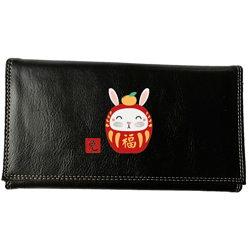 Compagnon Tout-en-Un Porte Chéquier en Simili Cuir avec Signe Chinois Daruma
