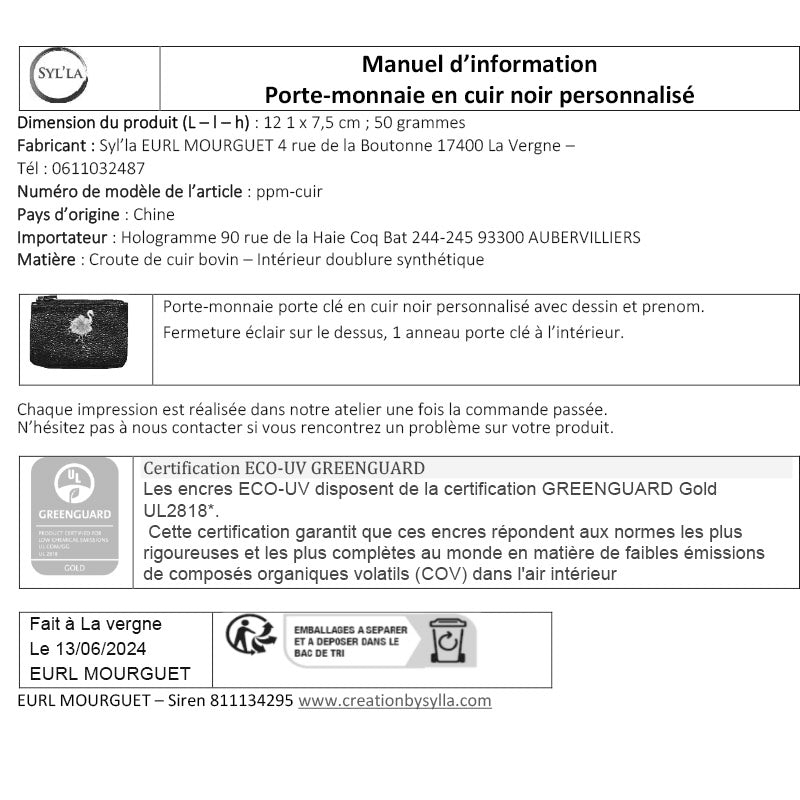 Petit porte monnaie avec porte clés en Cuir noir pour Homme personnalisé Musique