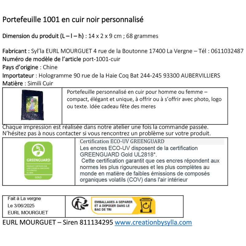 Portefeuille personnalisé en Cuir avec Votre Photo ou Logo et Texte