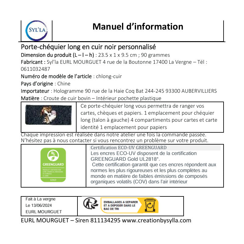 Porte Chéquier long en cuir noir personnalisé avec personnalisé Mamie Elue par son petit fils