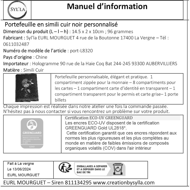 Portefeuille Porte Monnaie noir en simili cuir pour femme personnalisé avec photo et texte
