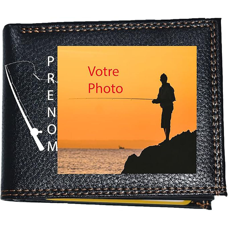 Portefeuille à rabat en Simili Cuir noir personnalisé avec photo et Canne à pêche
