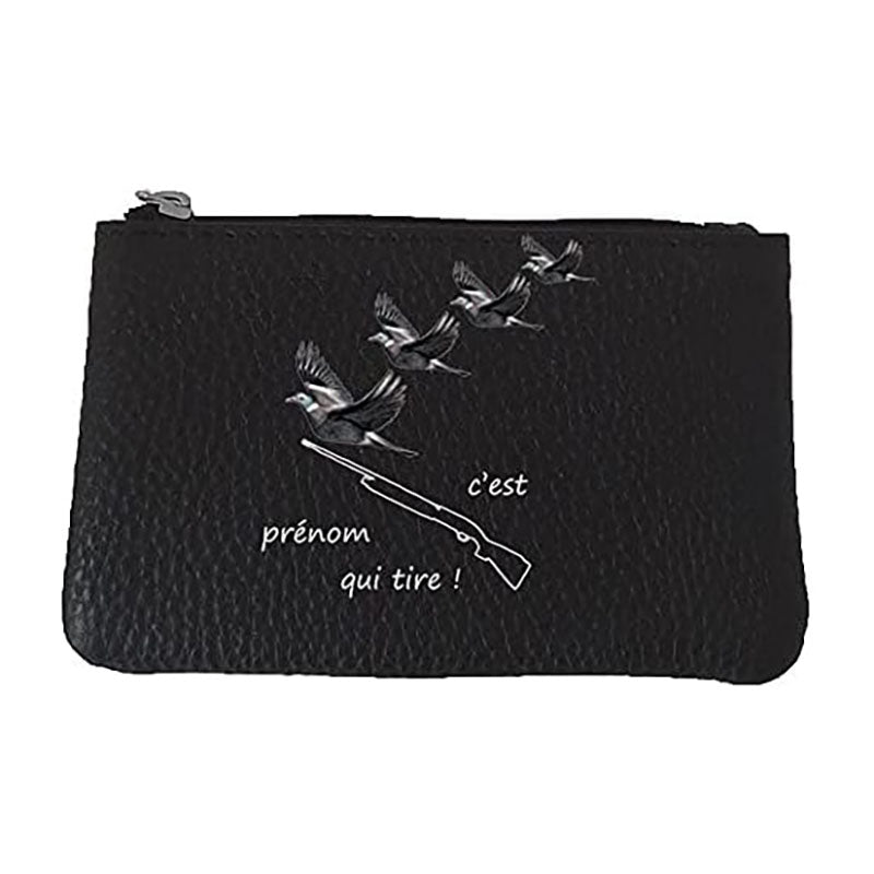 Petit Porte monnaie avec porte clés en Cuir noir pour Homme Chasse Fusil