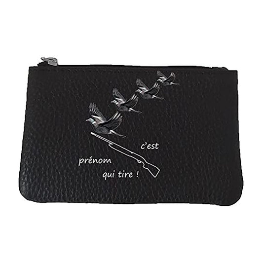 Petit Porte monnaie avec porte clés  en Cuir noir pour Homme Chasse Fusil