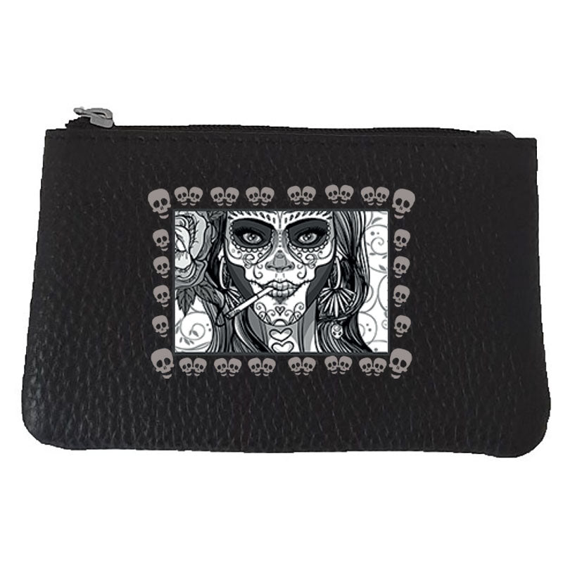 Petit porte monnaie avec porte clés en Cuir noir pour Homme - Mexicaine Tête de Mort