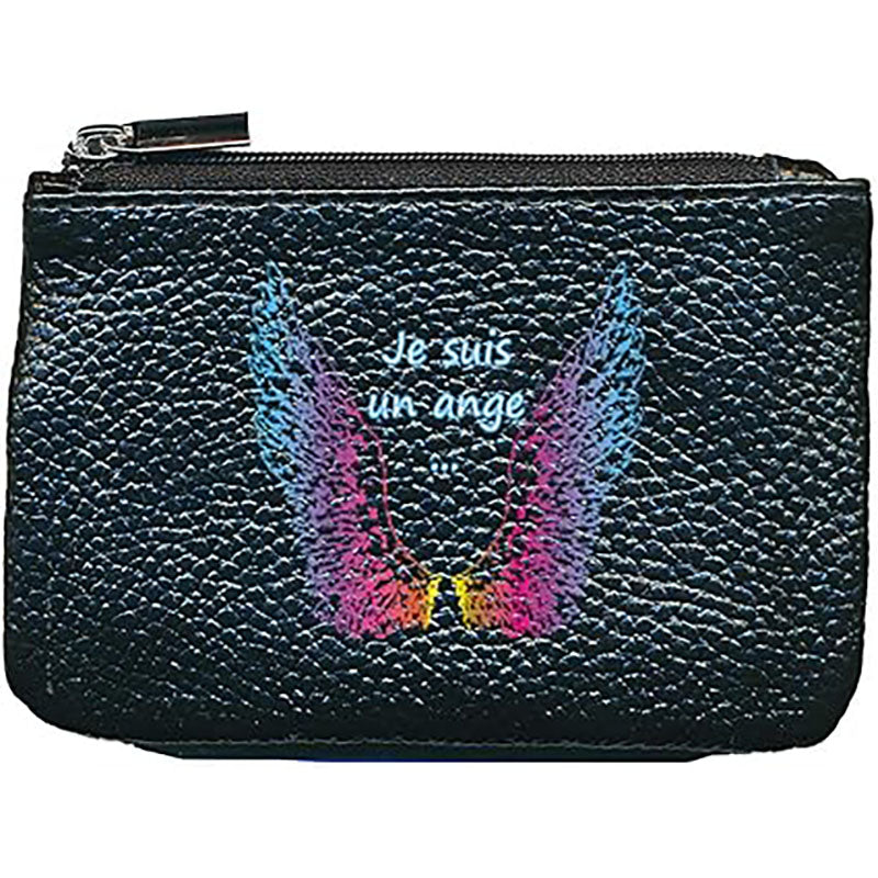 Petit Porte monnaie avec porte clés en Cuir noir pour femme personnalisé Je suis un ange