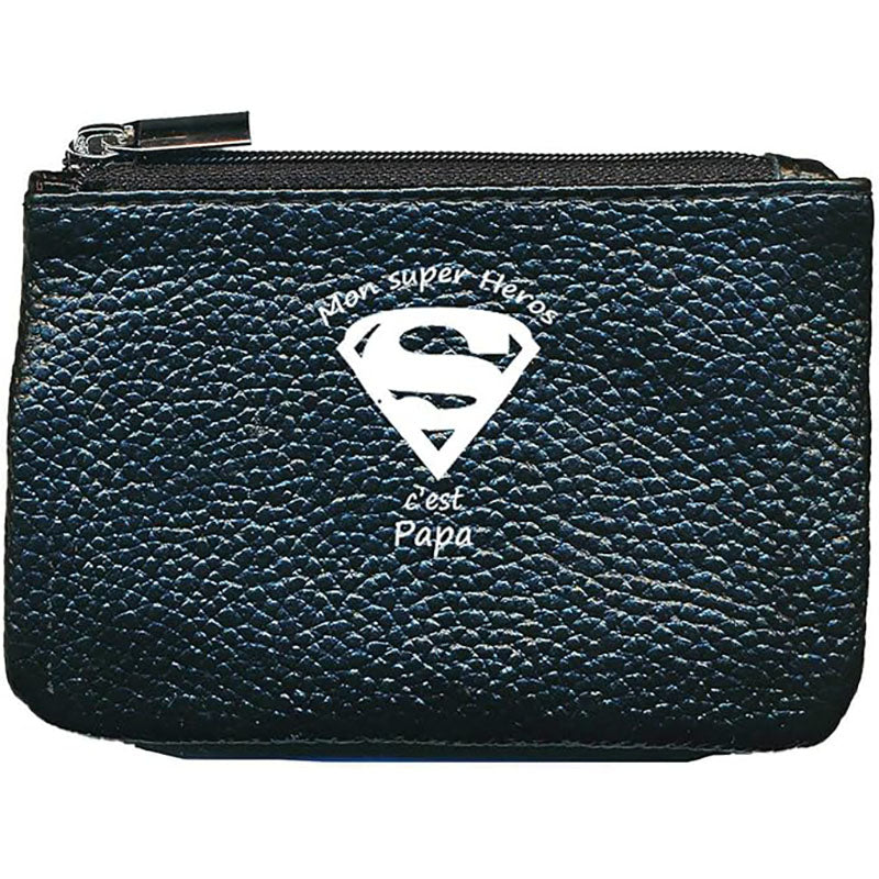 Petit Porte monnaie avec porte clés en Cuir noir pour Homme Super Papa