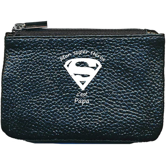 Petit Porte monnaie avec porte clés en Cuir noir pour Homme Super Papa