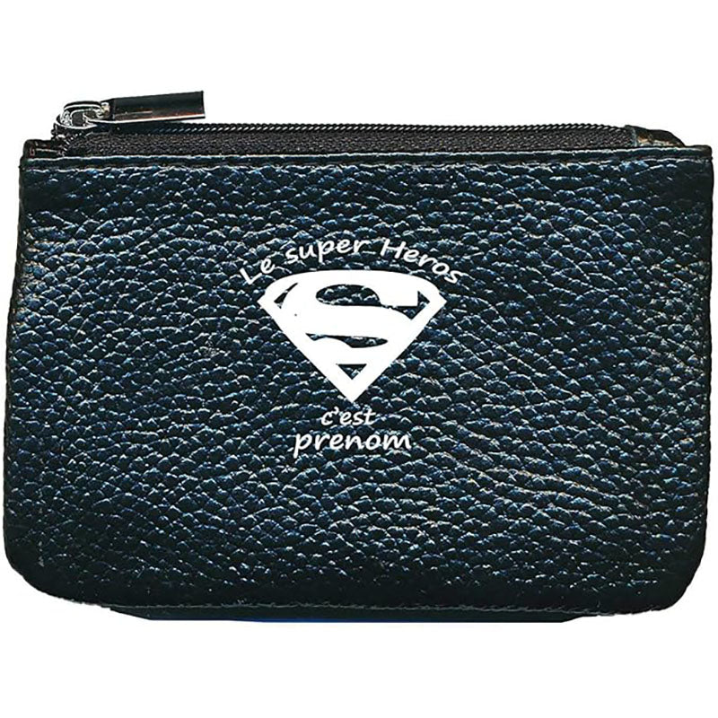 Petit Porte monnaie avec porte clés en Cuir noir pour Homme Super Héros personnalisé avec un prénom