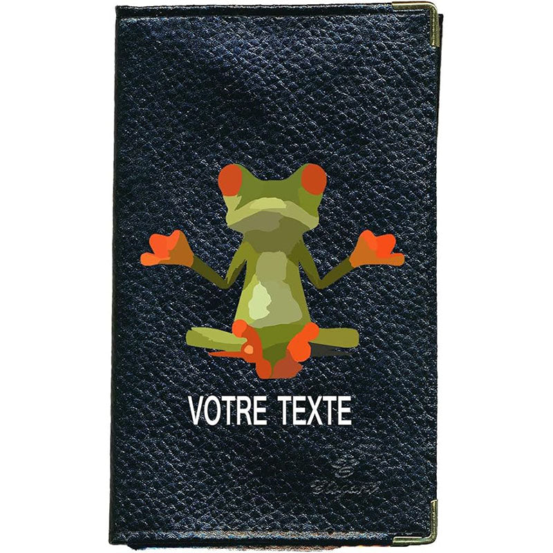 Porte Carte Grise en Cuir noir pour femme ou homme personnalisé Grenouille Zen