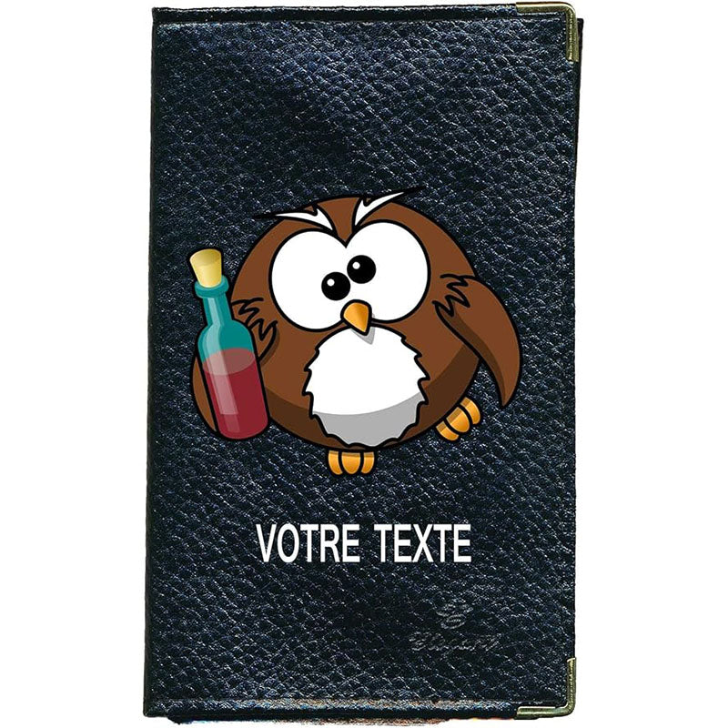 Porte Carte Grise en Cuir noir unisexe personnalisé Hibou bouteille