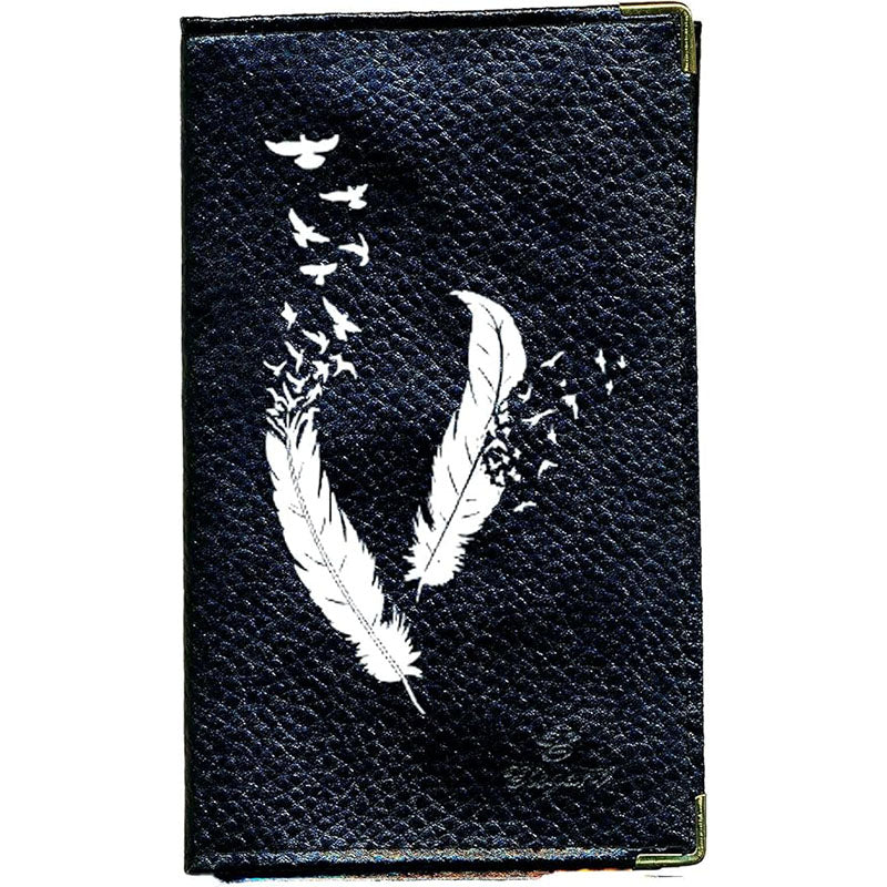 Porte Carte Grise en Cuir noir pour femme Plume blanche