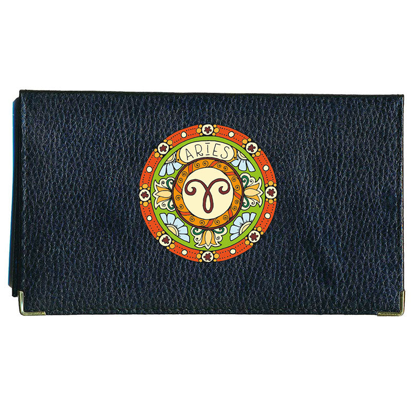 Porte Chéquier en cuir noir personnalisé avec Signe Zodiaque Astrologique