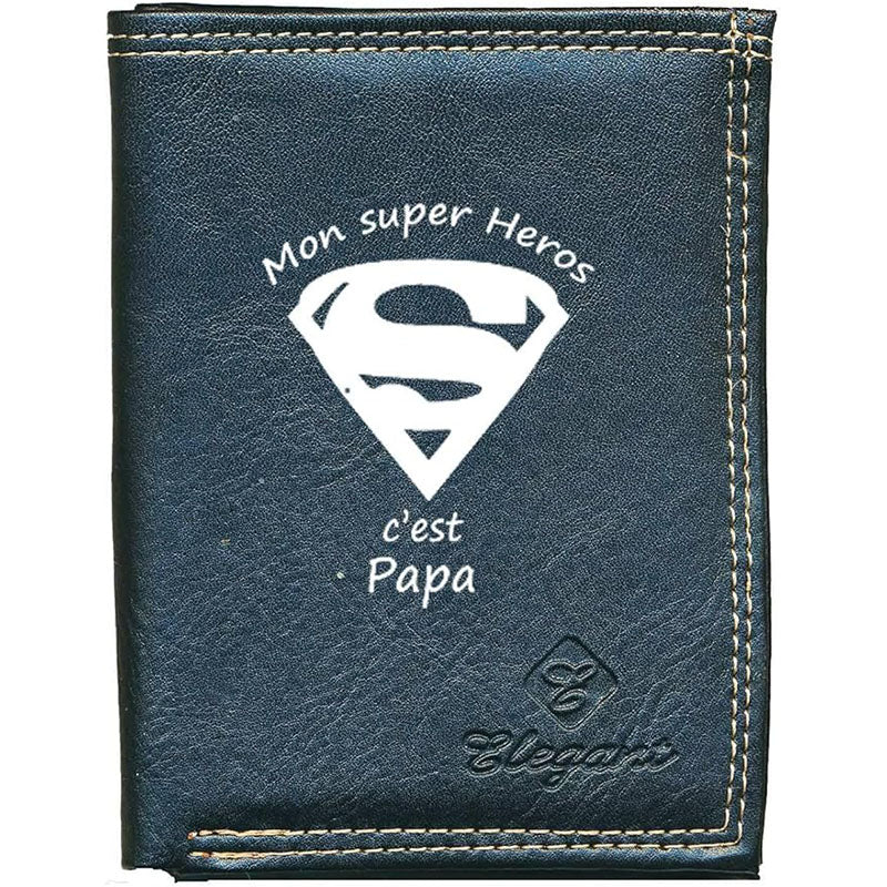 Petit Portefeuille Homme noir avec Porte Monnaie Personnalisé Super Papa Fete des Pères