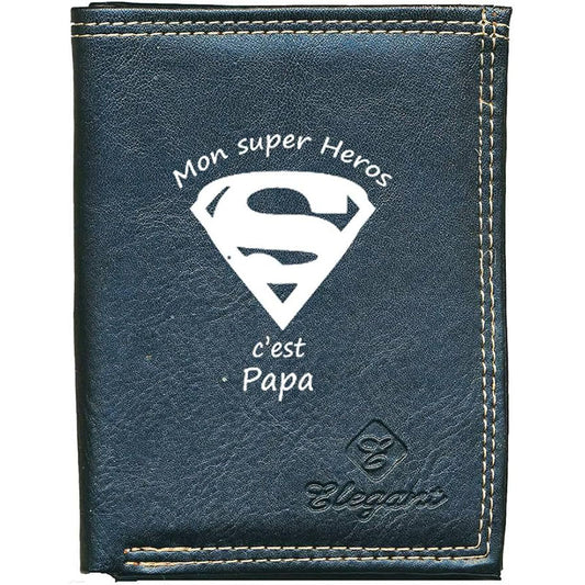 Petit Portefeuille Homme noir avec Porte Monnaie Personnalisé Super Papa Fete des Pères