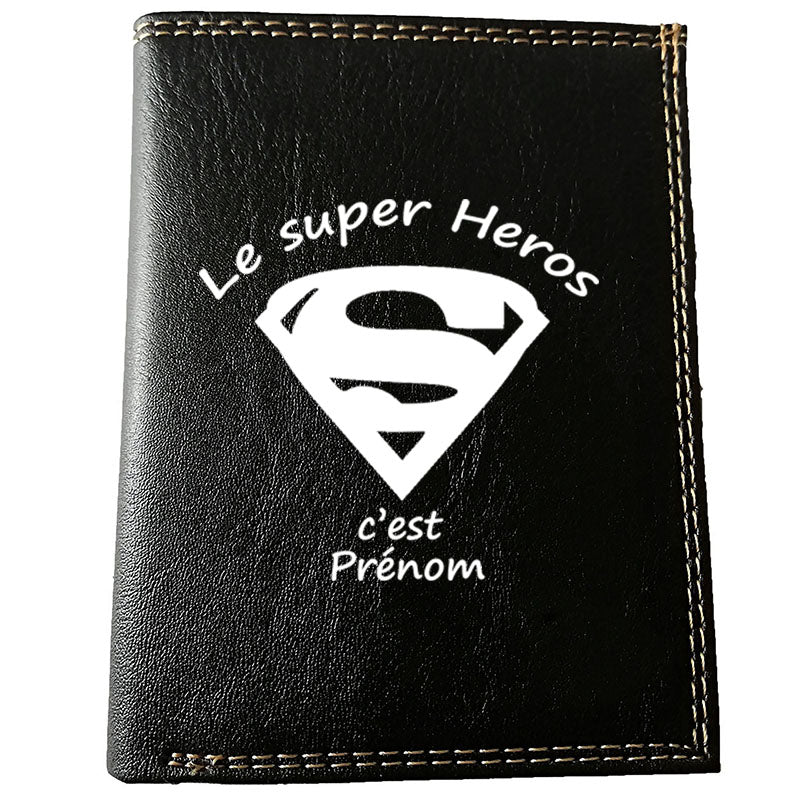 Petit Portefeuille Homme noir avec Porte Monnaie Personnalisé Super Heros avec prénom