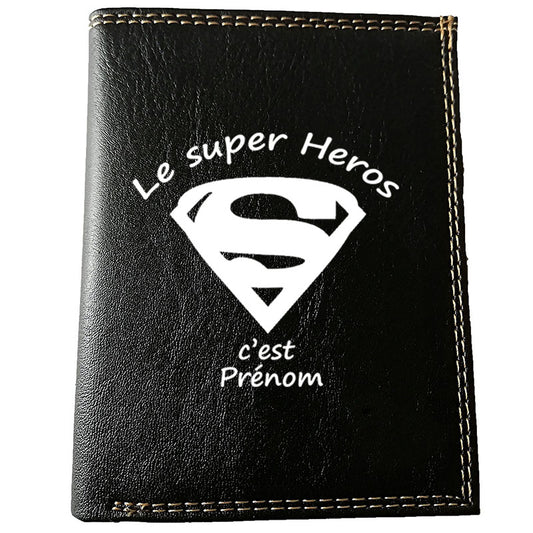 Petit Portefeuille Homme noir avec Porte Monnaie Personnalisé Super Heros avec prénom
