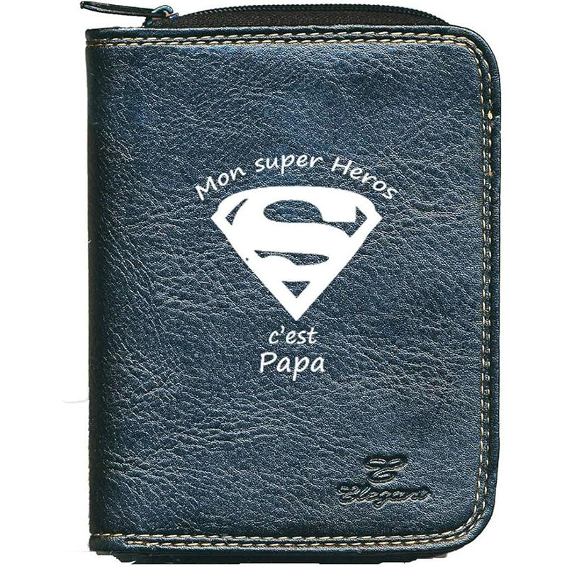 Porte monnaie et carte noir en Simili Cuir Homme personnalisé Super Papa