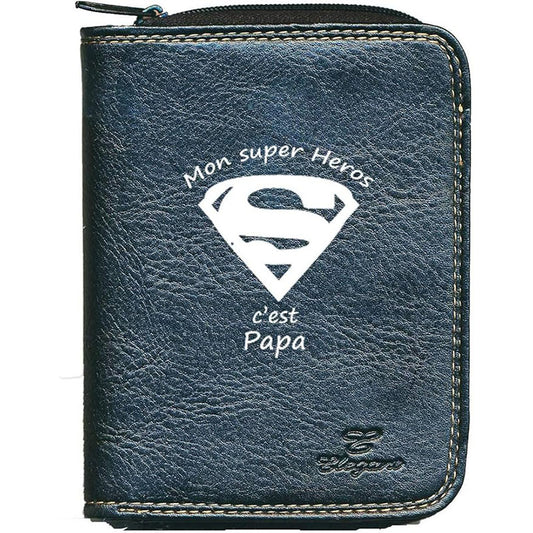 Porte monnaie et carte noir en Simili Cuir Homme personnalisé Super Papa