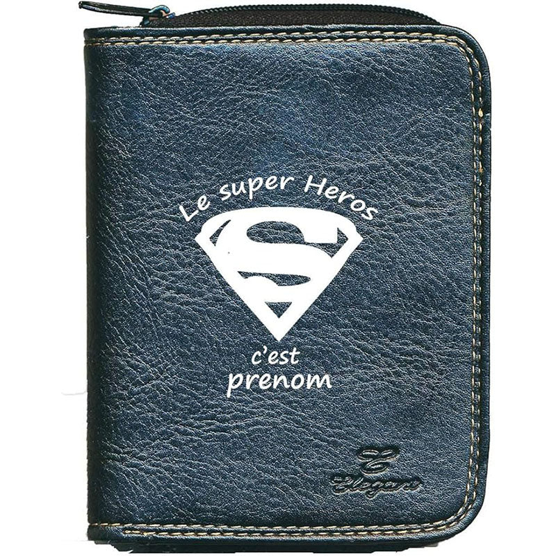 Porte monnaie et carte noir en Simili Cuir Homme personnalisé Super héros avec prénom
