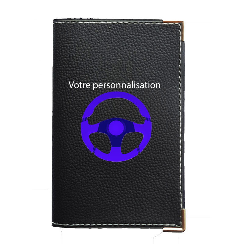 Porte carte grise en simili cuir noir personnalisé Volant de voiture