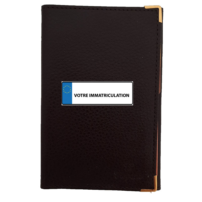 Porte Carte Grise Papier Voiture en Cuir avec Plaque d'Immatriculation