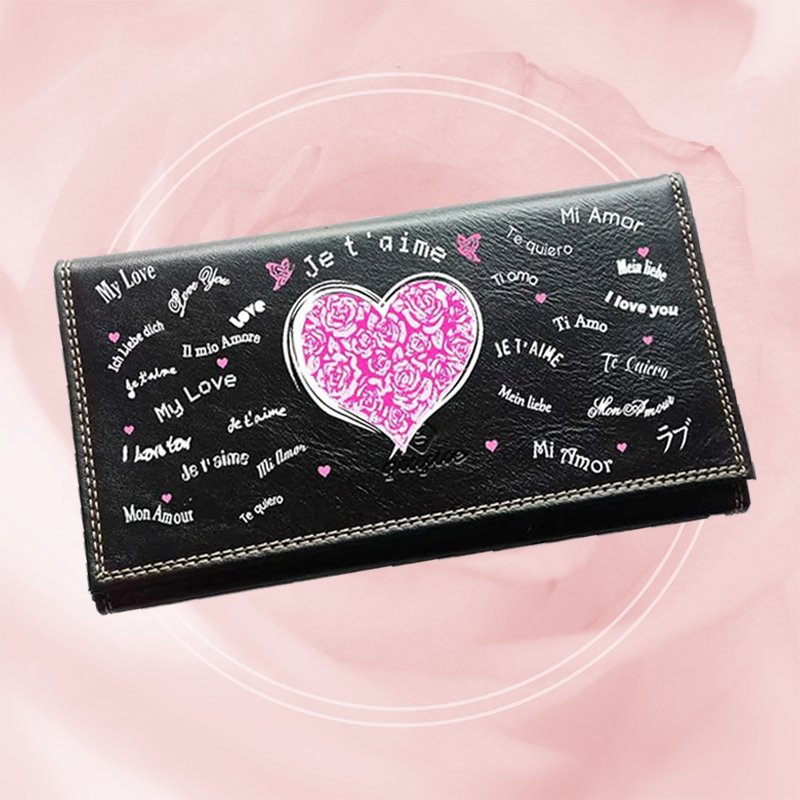 Compagnon Tout-en-Un Porte Chéquier en Simili Cuir personnalisé Coeur fleur rose