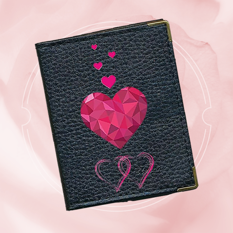 Etui porte carte bancaire et fidélité en Cuir noir Cœur Rose
