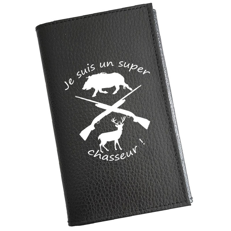 Porte carte grise en cuir noir personnalisé Super chasseur