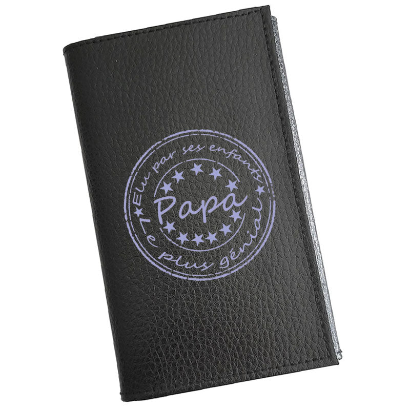 Porte carte grise en cuir noir personnalisé Papa elu par ses enfants