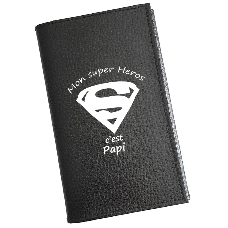 Porte carte grise en cuir noir pour homme personnalisé Super Papy Grand-Père