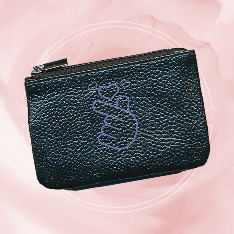 Petit Porte monnaie avec porte clés en Cuir noir pour femme personnalisé Cœur Coréen