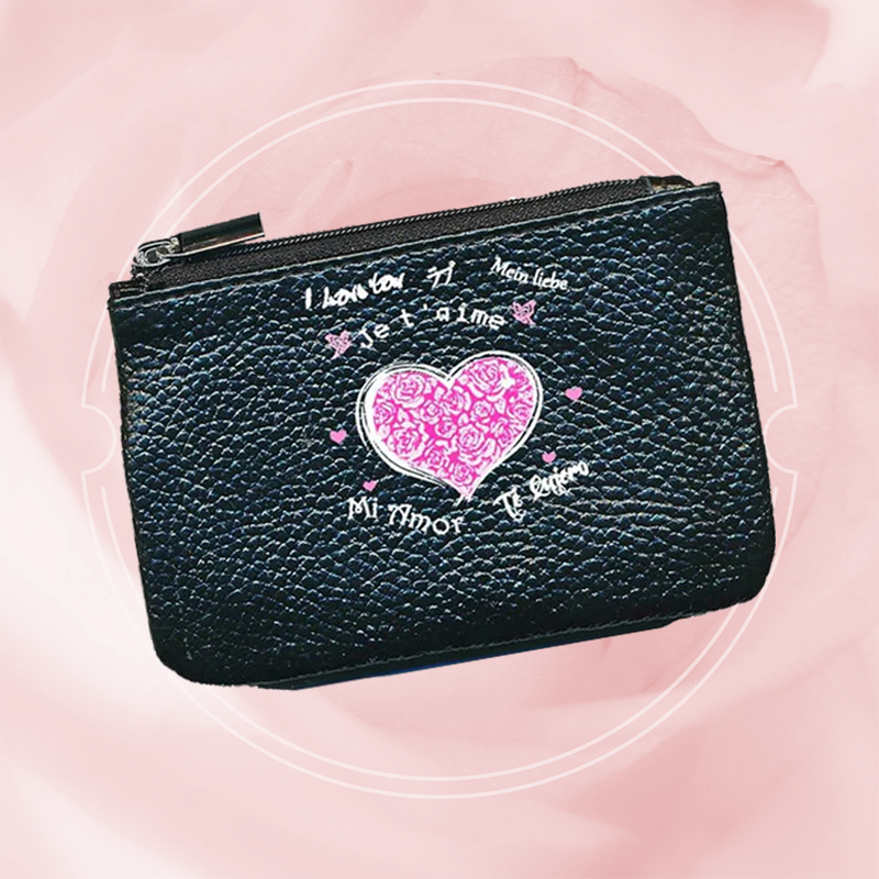 Petit Porte monnaie avec porte clés en Cuir noir pour femme personnalisé Coeur fleurs rose