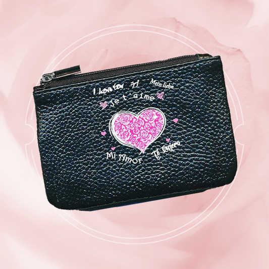 Petit Porte monnaie avec porte clés  en Cuir noir pour femme personnalisé Coeur fleurs rose
