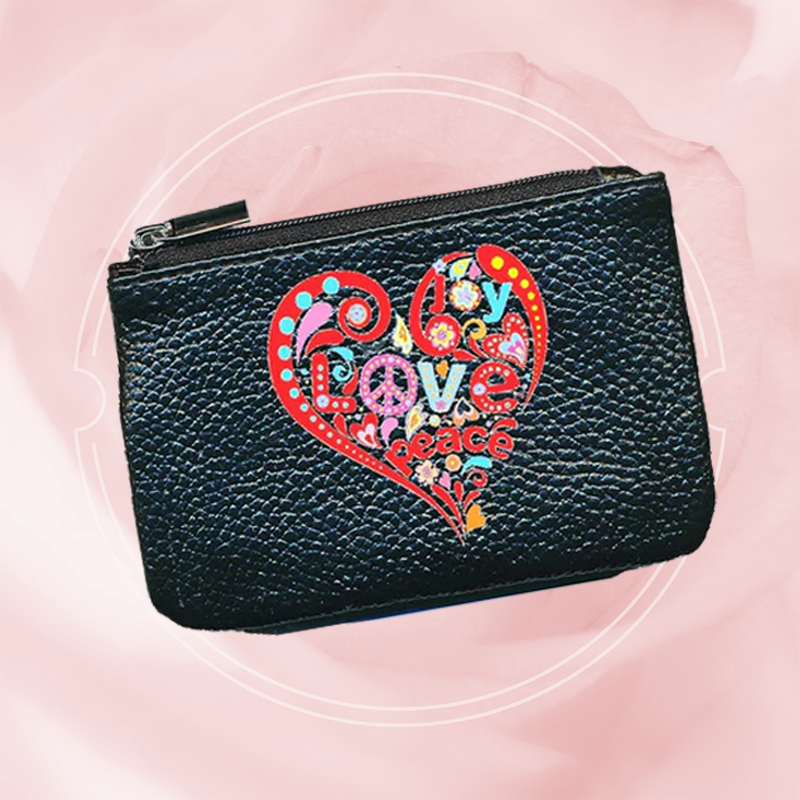 Petit Porte monnaie avec porte clés en Cuir noir pour femme personnalisé Love Peace