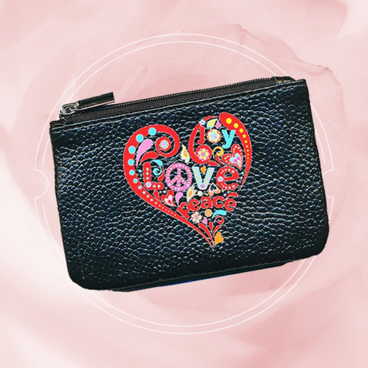 Petit Porte monnaie avec porte clés  en Cuir noir pour femme personnalisé Love Peace