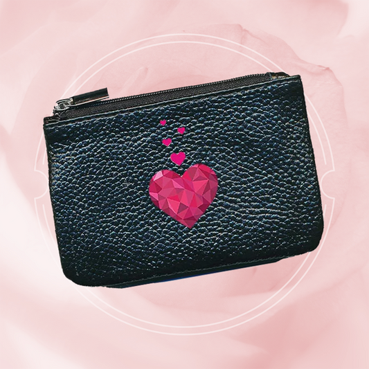 Petit Porte monnaie avec porte clés  en Cuir noir pour femme personnalisé Cœur rose