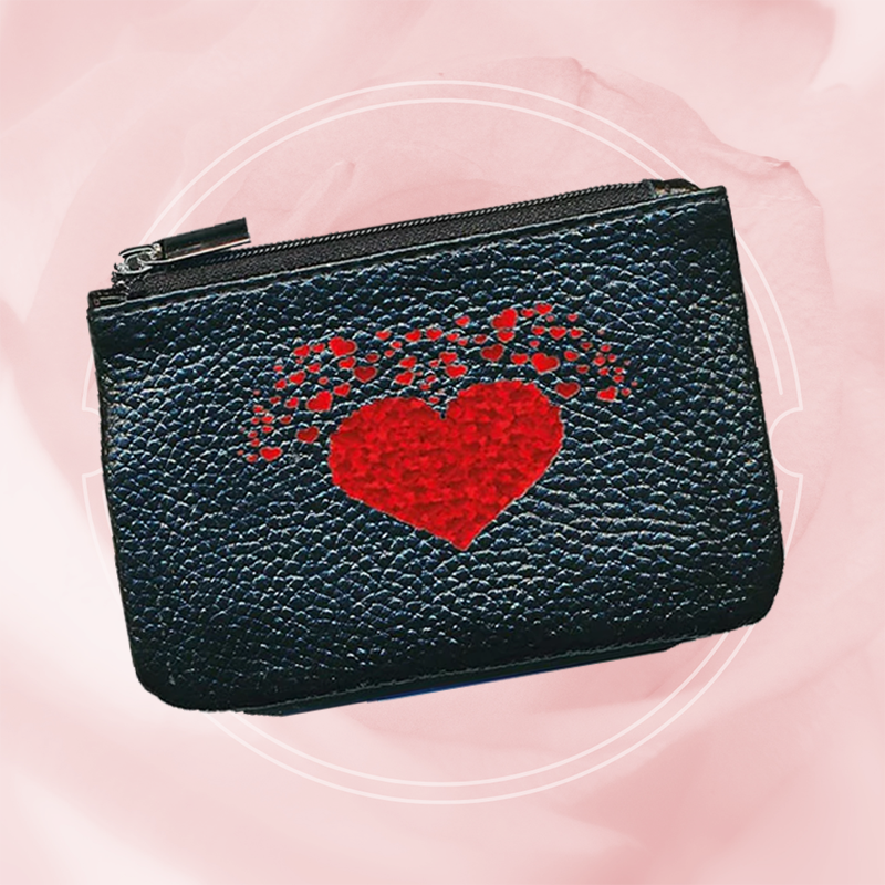 Petit Porte monnaie avec porte clés en Cuir noir pour femme personnalisé Amour multi rouge