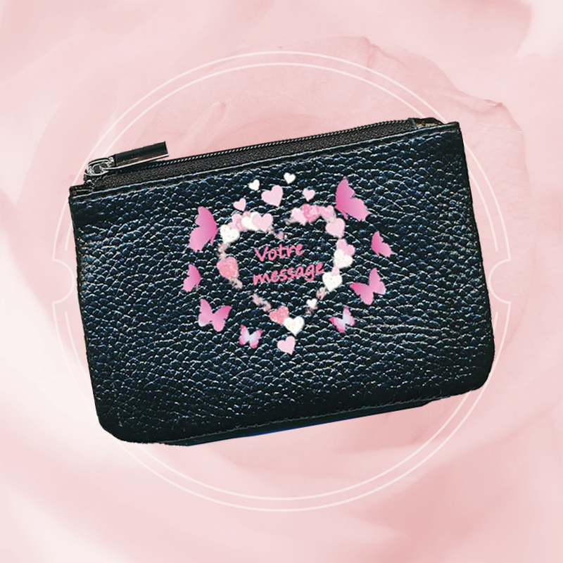 Petit Porte monnaie avec porte clés en Cuir noir pour femme Personnalisé avec Cœur Message
