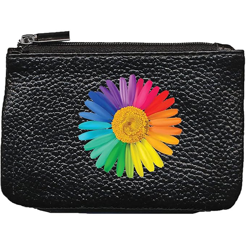 Petit Porte monnaie avec porte clés en Cuir noir pour femme personnalisé Marguerite Arc en Ciel