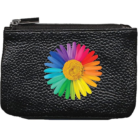Petit Porte monnaie avec porte clés en Cuir noir pour femme personnalisé Marguerite Arc en Ciel