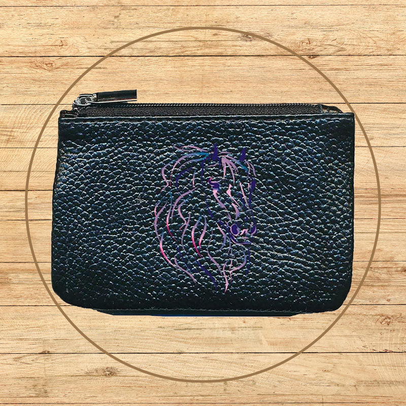 Petit Porte monnaie avec porte clés en Cuir noir pour femme personnalisé Cheval bleu