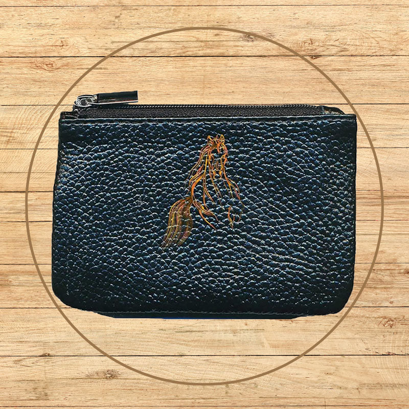 Petit Porte monnaie avec porte clés en Cuir noir pour femme personnalisé Cheval Orange