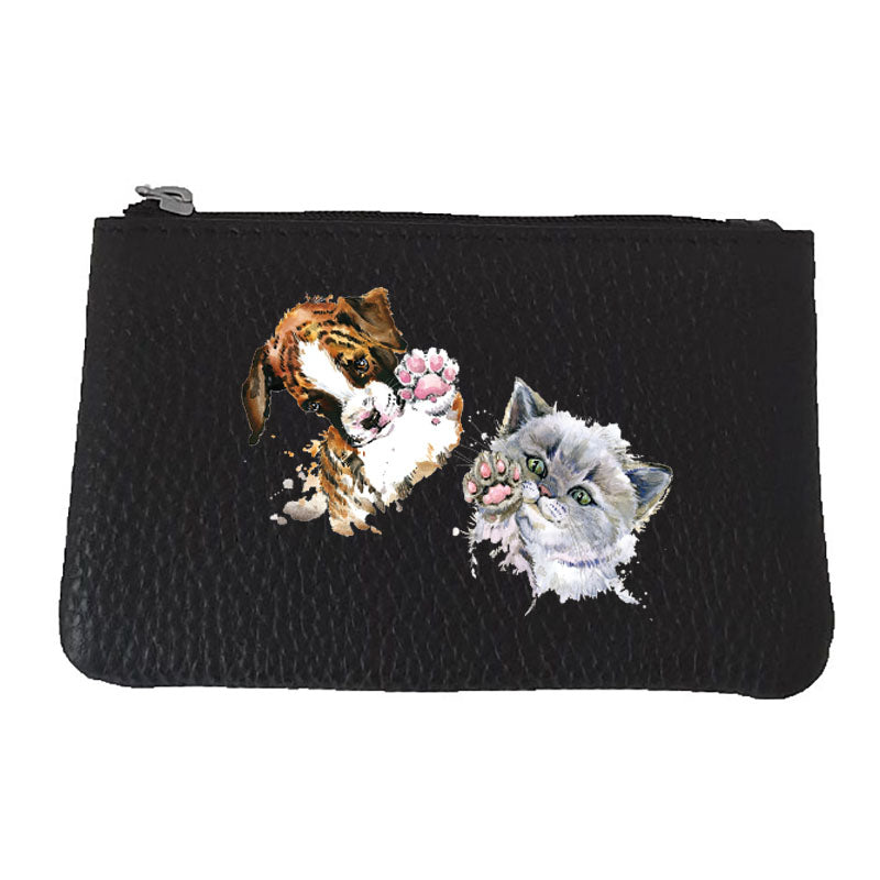 Petit Porte monnaie avec porte clés en Cuir noir pour femme personnalisé Chien Chat