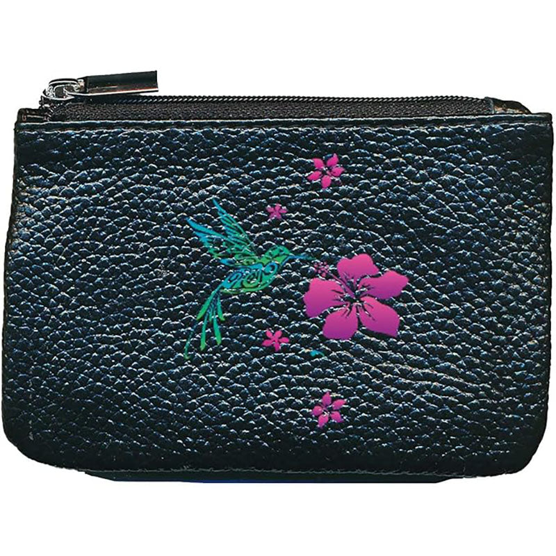 Petit Porte monnaie avec porte clés en Cuir noir pour femme personnalisé Colibri