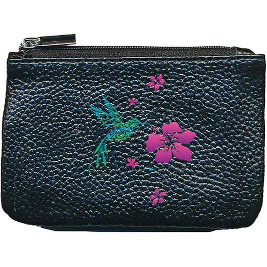 Petit Porte monnaie avec porte clés en Cuir noir pour femme personnalisé Colibri